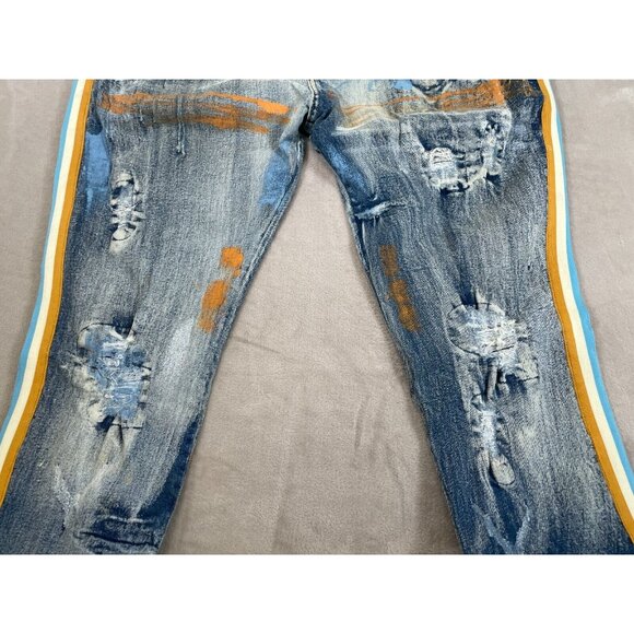 Men's FWRD Trashed Distressed Stacked Denim Jeans-Blue-Size 42 Inseam 32 - Picture 2 of 11